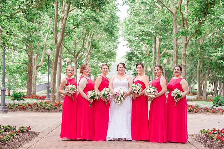 Bride, Bridesmaids, Bouquets, Red Bridesmaids Gowns